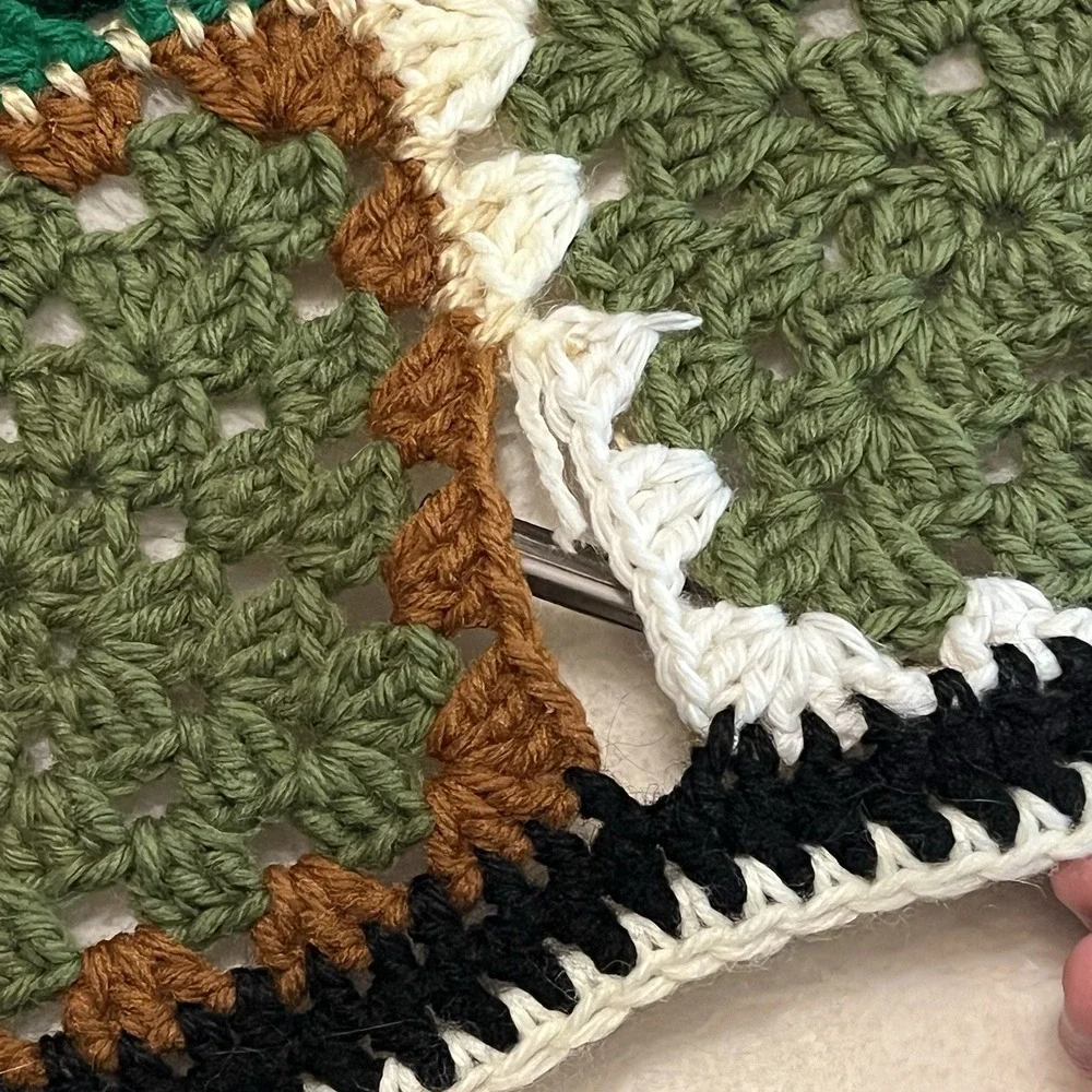 VTG Crochet Granny Square Black Multicolor Afghan Throw Blanket 49x43 Retro READ
